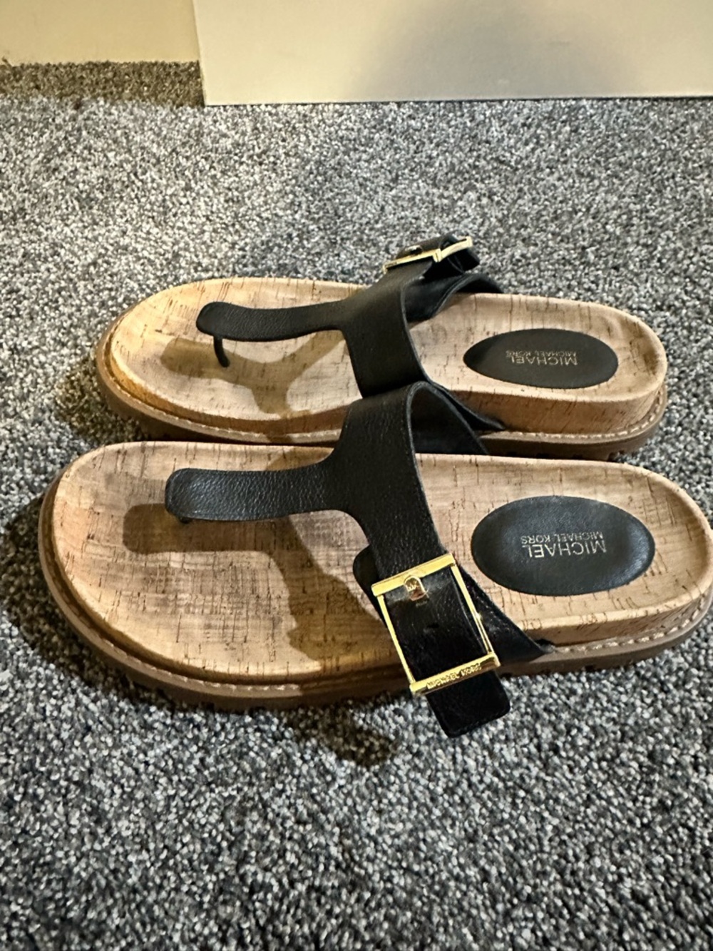 Michael Kors Black Leather Cork-Effect Thong Sandals with Gold Buckle